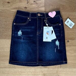 NWT YMI Girls Dark Wash Distressed Denim Mini Jean Skirt Size 8 (Medium)